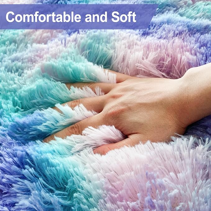 Soft Fluffy Purple Rainbow Rug for Bedroom Kids 6x9 Mermaid Stitch Rugs for - Image 9