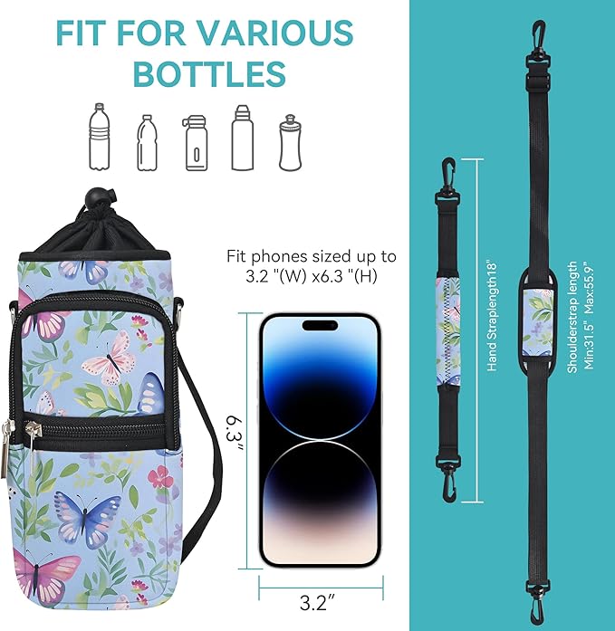 25/32/40/64oz Water Bottle Bag Holder Carrier-Insulated Crossbody Sling Case Sleeve with Strap & Pockets for Men Women Gym Cycling Travel Walking Hiking Camping