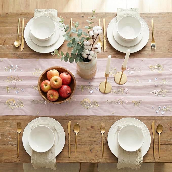 Artoid Mode Wildflower Floral Light Pink Gauze Embroidery Table Runner 120 Inch - Image 5