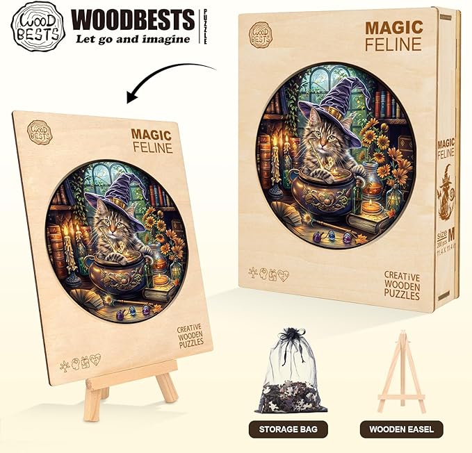 KAAYEE Wooden Puzzles for Adults, 3D Visual Effect Magic Feline Cat Wooden Jigsaw Puzzle Unique Shape Wood Puzzle Adult, 3D Effect Flat Puzzle Birthday Family Game (S-8.5 * 8.5 in-100pcs)