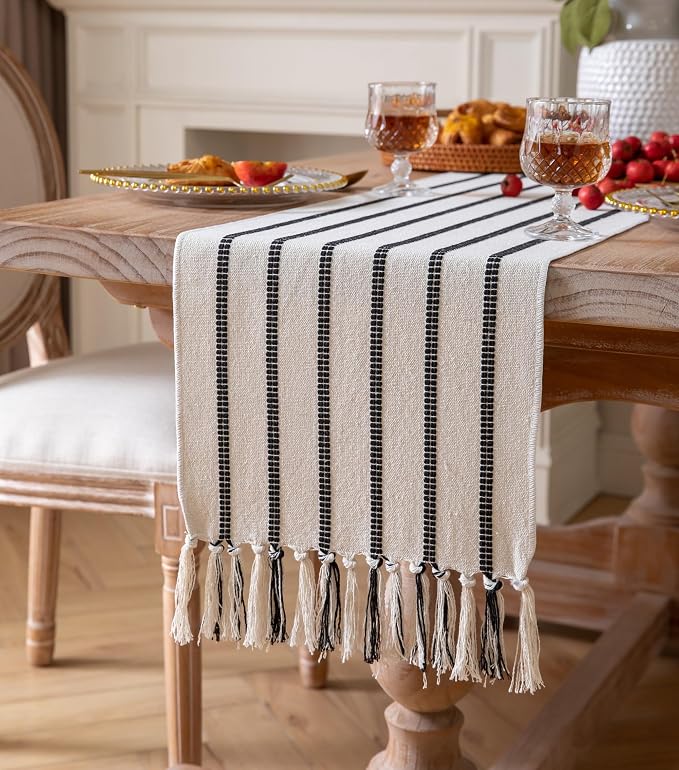 Caflife Boho Table Runner 60 Inchs Long Black and Beige, Cotton and Linen Woven - Image 2
