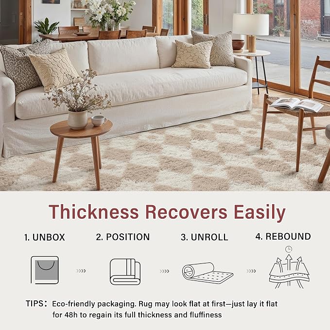 PureCozy Checkered Rug 6x9 Fluffy Shag Living Room Beige Area Rug Modern - Image 4