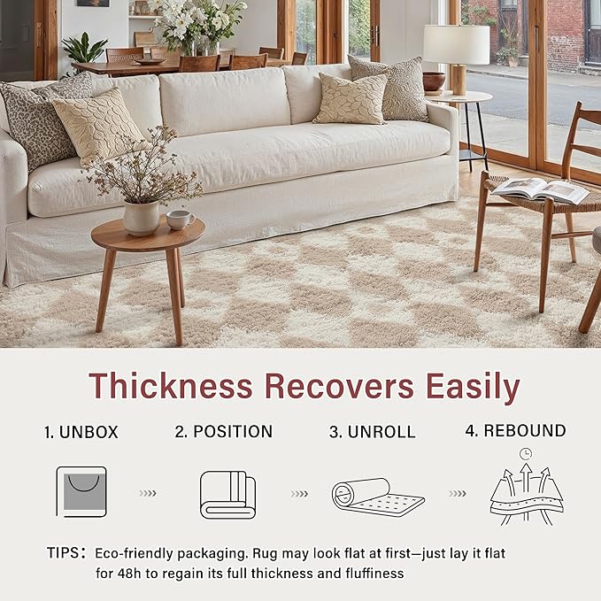 PureCozy Checkered Rug 5x7 Fluffy Shag Living Room Beige Area Rug Modern - Image 4