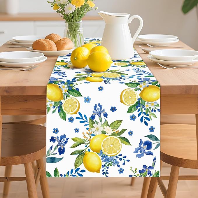 Lemon and Blue Floral Table Runner | Linen Texture Fabric, Easy Care Machine - Image 6