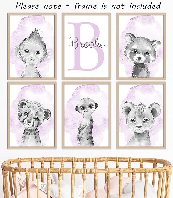 Safari Animals Set of 6 Unframed Poster Prints for Baby Girls Nursery Bedroom Playroom, Personalized Name, Choice of 12 Animals, Pink Purple (11x14)