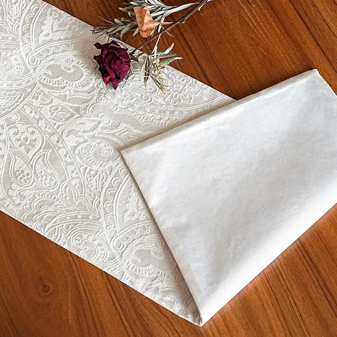 Waterproof Jacquard Cream Table Runner, 12x72Inches, Milky White | Thick Table - Image 2