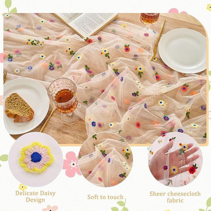 BINBE 3pcs Champagne Daisy Spring Table Runner Embroidery Gauze 10FT Florals - Image 3