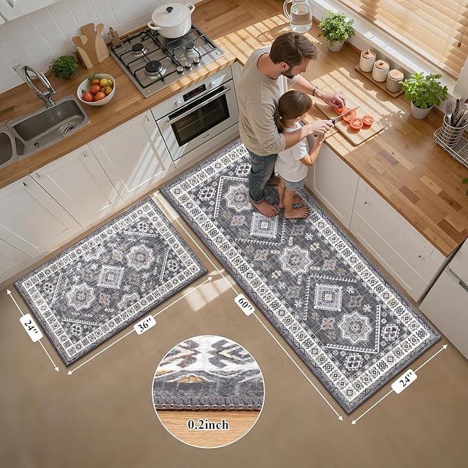 HEBE Boho Kitchen Rugs Sets of 2, Non Slip Washable Kitchen Mats - Image 2