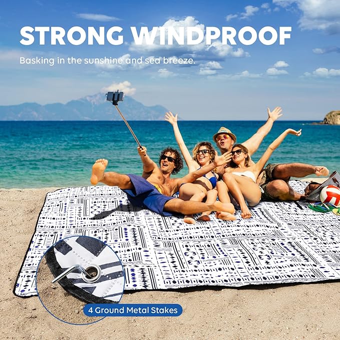 ZAZE Picnic Blankets Beach Blanket with Stakes, Thick 3-Layer Waterproof Sandproof 80 * 80 Oversized Mat, Foldable Extra Large Big, Machine Washable Accessories for Outdoor Camping Park (Black Blue)