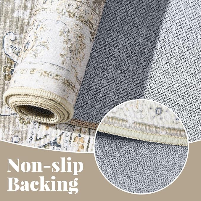 jinchan Runner Rug 2x5 Machine Washable Hallway Rug Taupe Vintage Floral Print Non-Slip Low Pile Ultra-Thin for Kitchen,Entryway,Laundry Room,Bedroom,Farmhouse (2‘x5’,Taupe)