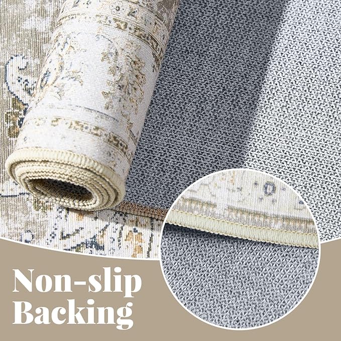 jinchan 4x6 Area Rugs for Bedroom - Machine Washable Distressed Vintage Floral Design Stain Resistant Boho Carpet Ultra-Thin Low Pile Non-Slip Rug for Living Room Dining Room Kitchen (4‘x6',Taupe)