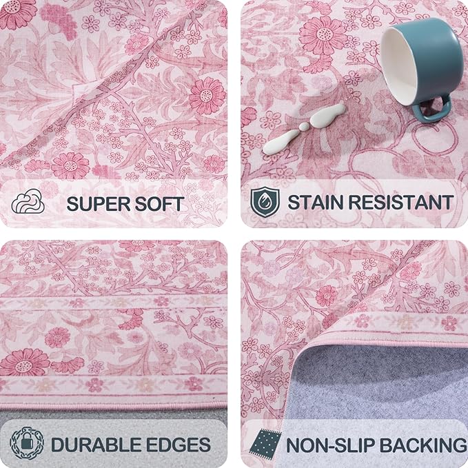 Vintage Pink Living Room Rug, 9x12 Washable Area Rugs - Image 6