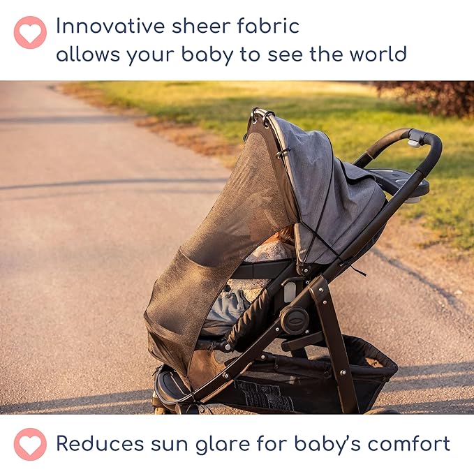 Stroller Sun Shade - Universal UV Protection Cover for Strollers Sunshade with See Through, Clip-On Sun Blocker, Sun Shield for Baby, Breathable Adjustable Fit, Full Coverage, L Black