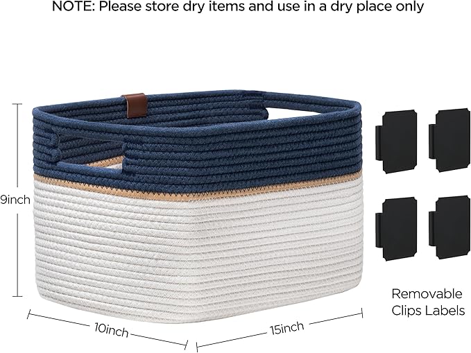 UBBCARE 4 Pack Baskets for Organizing, Woven Storage Baskets with Label for Toys and Towel, Rectangle Cotton Rope Basket with Handles, 15''L x10''W x9''H, Navy Blue&White