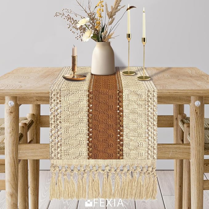 Boho Table Runner for Home Decor 12x60 Fall Coffee Table Decor Caramel | 60 - Image 3