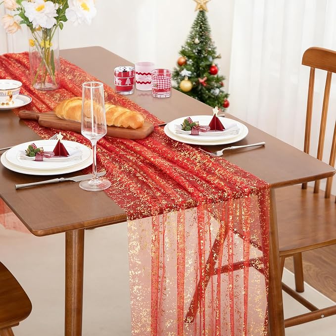 SiinvdaBZX Red Gold Sheer Tulle Table Runner 120 Inch/10 Ft Long | Gauze Sequin - Image 2