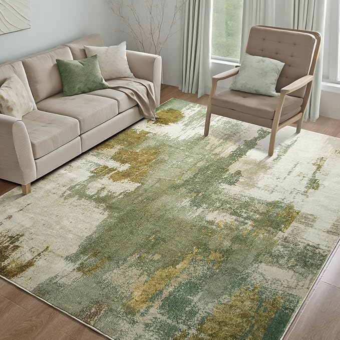 Kelarea Living Room Rug, 8x10 Rug Modern Abstract Washable Rugs Green Faux Wool Vintage Carpet, Non Slip Large Rugs for Bedroom, Dining Room, College Dorm, Home Office