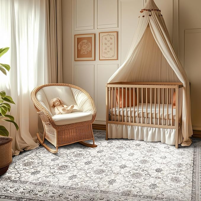 jinchan Floral Area Rugs 4x6 - Machine Washable Vintage Distressed Boho Design Throw Rug Stain Resistant Carpet Low Pile Ultra-Thin Non-Slip for Bedroom Living Room Dining Room Kitchen (4‘x6',Beige)