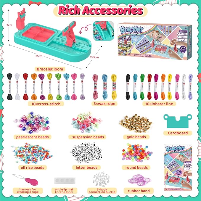 Friendship Bracelet Making Kit, Arts and Crafts Loom Bracelet Maker for Kids, Jewelry String Making supplies with 3 Thread Styles & 6 Bead Types, Christmas Birthday Gifts for Girls Ages 6 7 8 9 10+