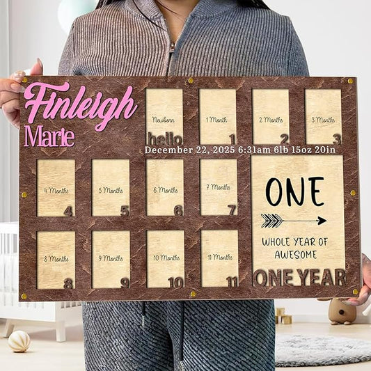 Personalized My First Year Photo Frame | 12 Months Picture Frame For Baby First Year | Displays One 5x7 Photo and Twelve 2x3 Pictures | Birthday Party Decor Newborn Memory Keepsake, Style MP2