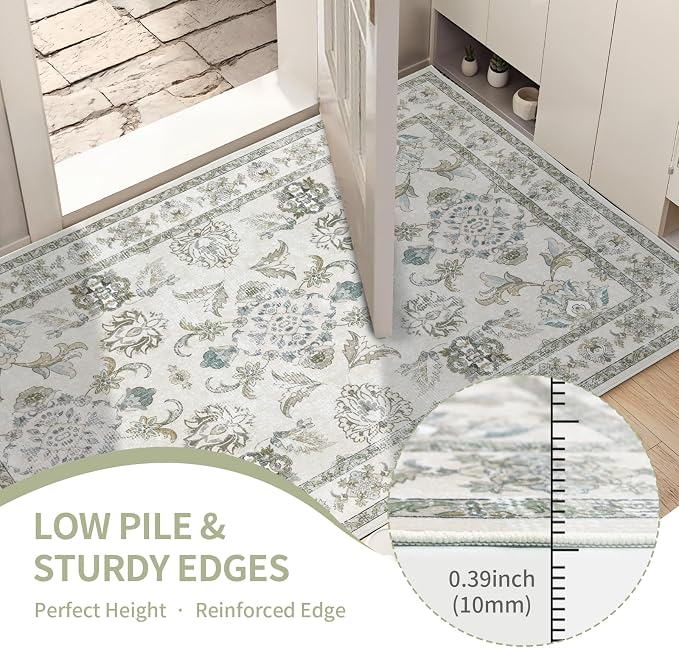 Round 8Ft Washable Area Rug, Vintage Floral Low Pile Non Slip Carpet - Image 3