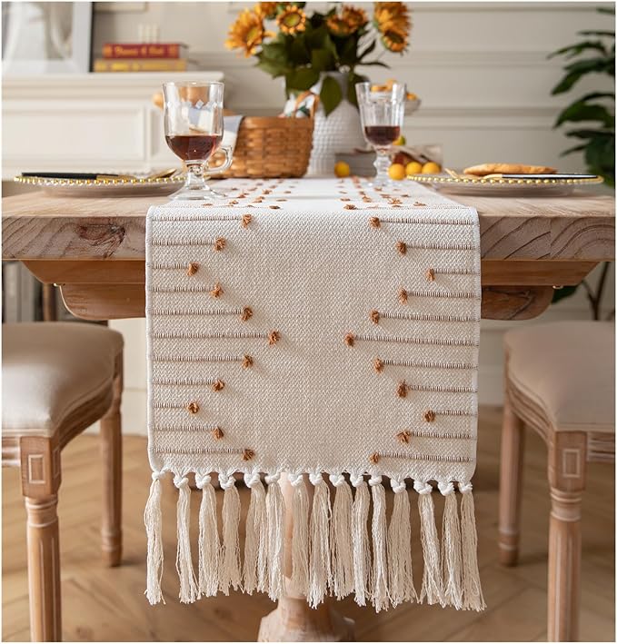 Boho Table Runner 13 x 108 Inch Long Natural Cotton Woven Runner by Caflife