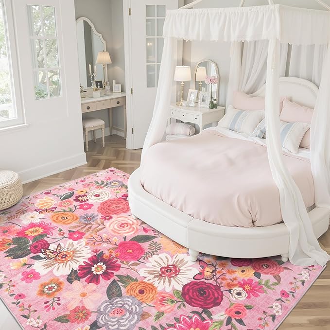 Pink Floral Bedroom Rug 4x6, Non-Slip Washable Rugs - Image 6