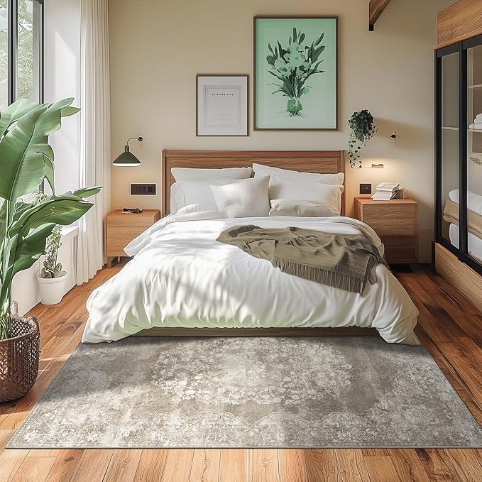 jinchan Washable Area Rug 8x10 for Living Room - Soft Faux Wool Ultra-Thin Stain Resistant Non-Slip Distressed Vintage Floral Large Carpet for Bedroom,Dining Room,Home Office,Nursery(Brown, 8'x10')