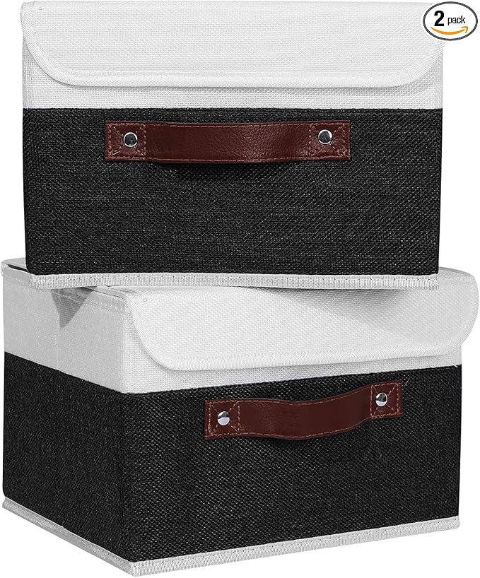 ANMINY 2PCS Storage Boxes with Lid Washable Decorative Storage Bins Basket with PU Leather Handle Foldable Linen Fabric Storage Cubes Containers for Home Closet Organizer - Black White, Small Size