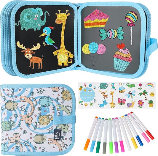Erasable Doodle Set for Kids - Magic Drawing Book With 12 Watercolor Pens, 14 Pages - Road Trip Car Game Writing Painting Set for Boys and Girls (Arch Bridge Cat)