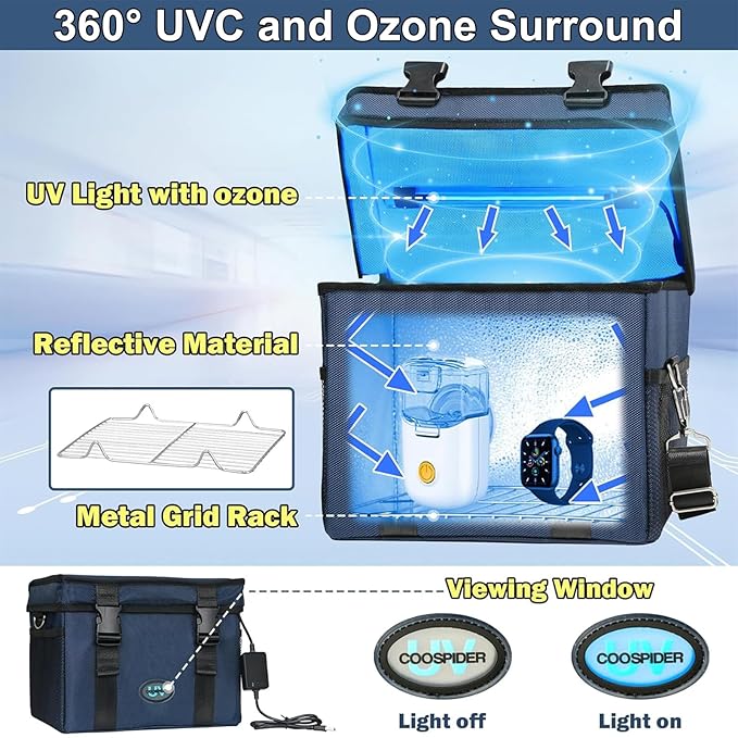 UVC Sanitizer Ozone Box with Timer, Foldable Large Cleaner UV Bag w/strap and USB Port, Portable UVC Light Tote 185nm wavelength for Mask, Cell Phone, Key, Towel 12L/3.17 gal