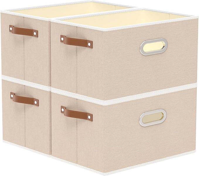 Yawinhe Fabric Storage Bins with Handles, Foldable Baskets for Shelves, Cubes with 3 Handles, Large Boxes for Clothes, Beige, 16.9''Lx11.8''Wx10.2''H, 4-Pack