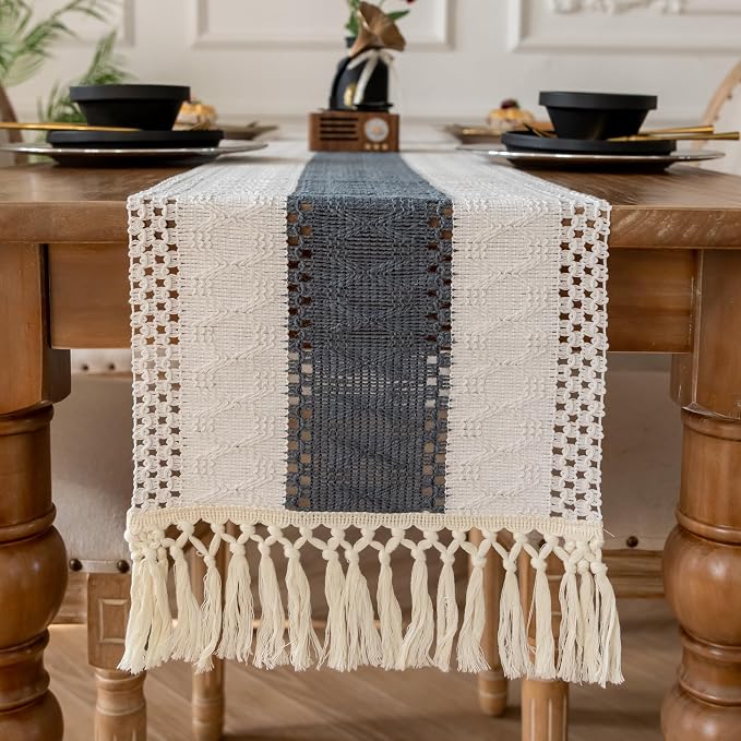 EMMTEEY Boho Table Runner with Tassels 72 Inches Long, Stone Blue | Handmade - Image 5