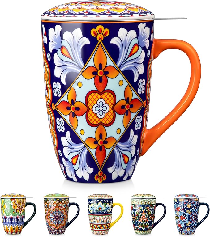 vancasso Ceramic Tea Mug with Infuser and Lid, 18 Ounce Bohemian Loose Leaf Cup by vancasso