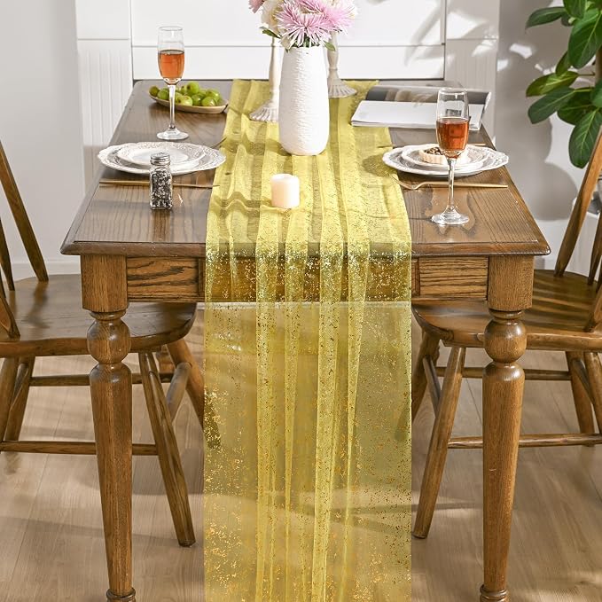 Artoid Mode Light Yellow Gold Gauze Table Runner 120 Inch 10FT, Glitter - Image 2