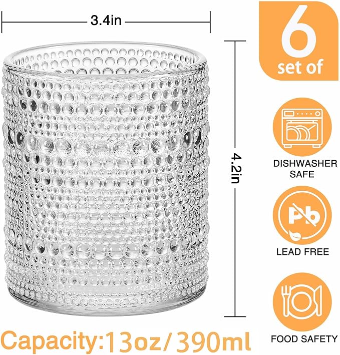 cosnou Glassware Set of 6, 13 OZ/390ml Hobnail Kitchen Glassware, Embossed - Image 2