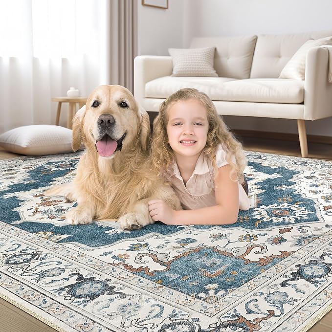 10x14 Washable Area Rug: Vintage Neutral Soft Non Slip Thin Large Floor Carpet - Image 6