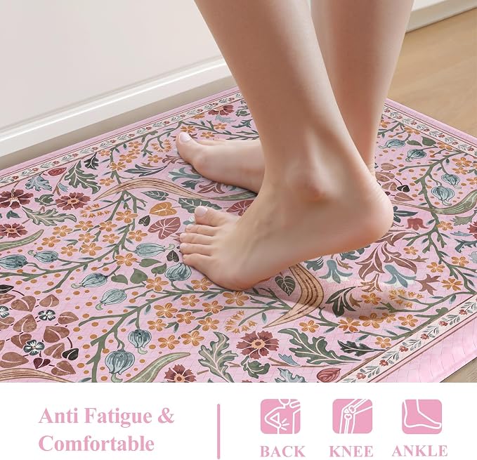 Collive Kitchen Mats for Floor, Cushioned Anti Fatigue Mat Pink Floral Rugs 2 - Image 3