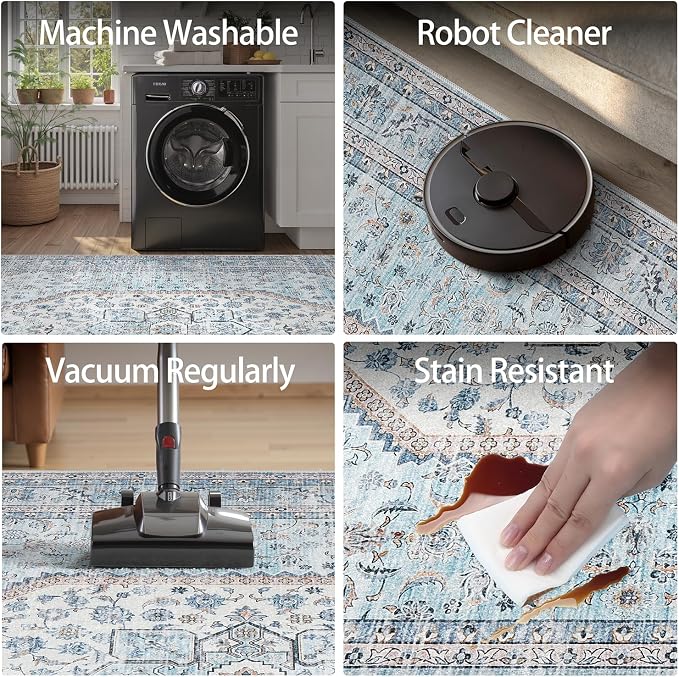 DCX Machine Washable Blue and Beige Area Rug 4x6, Non Slip Stain Resistant - Image 5