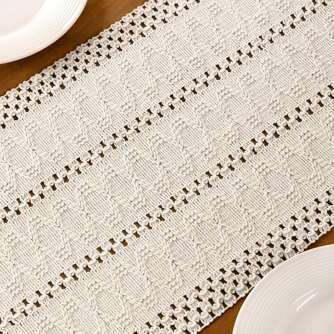 Ivory Boho Table Runner Farmhouse Macrame Woven Table Runner 12x60 Inch | Small - Image 6