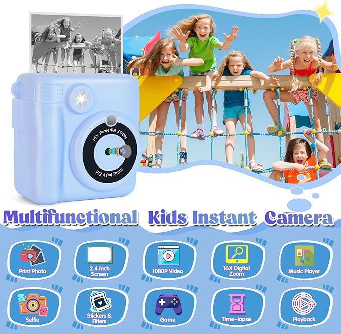 Instant Print Camera for Kids - 2.4 Inch Kids Camera Instant Print with Paper & 32G Card- Digital Children Toys as Christams Birthday Gifts for Girls Boys Age 3-12 - Blue