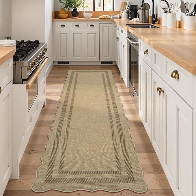 LIVEBOX Scalloped Washable 2x8 Kitchen Runner Rug, Easy Jute Geometric Tan Rugs - Image 2