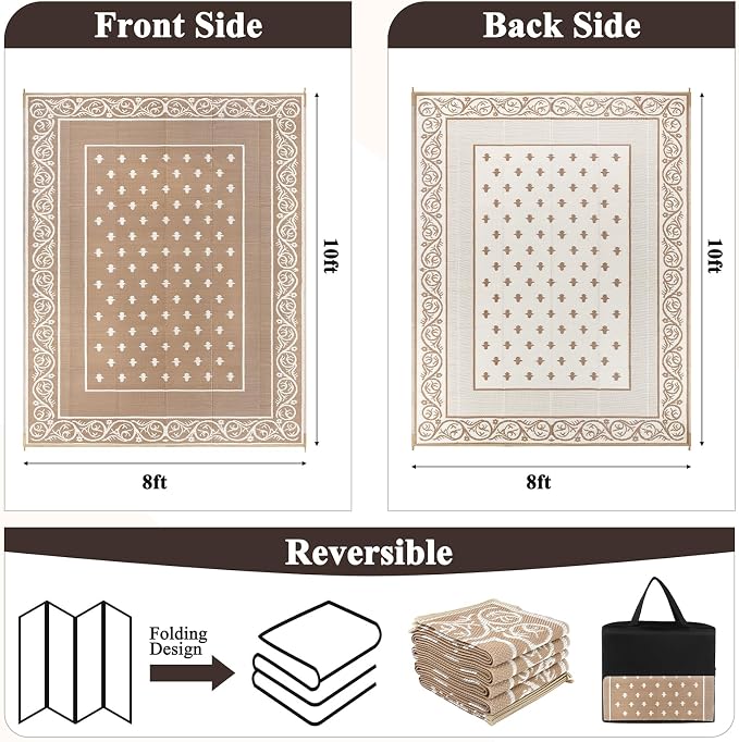 Pauwer Waterproof Outdoor Rug 8x10, Reversible Plastic Straw Patio Camping Rug - Image 2