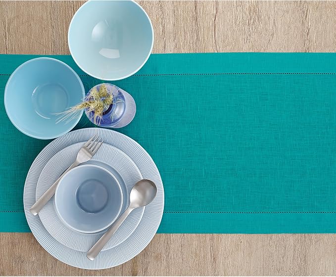 Solino Home 100% Pure Linen Table Runner Teal, Classic Hemstitch 14 x 72 in | - Image 3