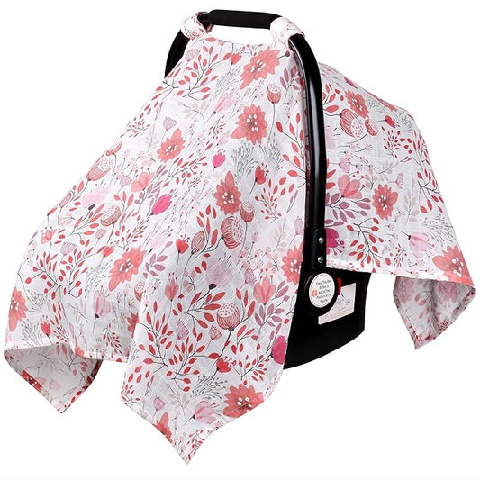 Rquite Muslin Car Seat Cover Baby, Carseat Covers Baby Girl Boy, Breathable Lightweight Infant Car Seat Cover, Baby Carrier Cover Car Seat Canopy Stroller Sun Shade for Summer & Hot Day, Universal Fit