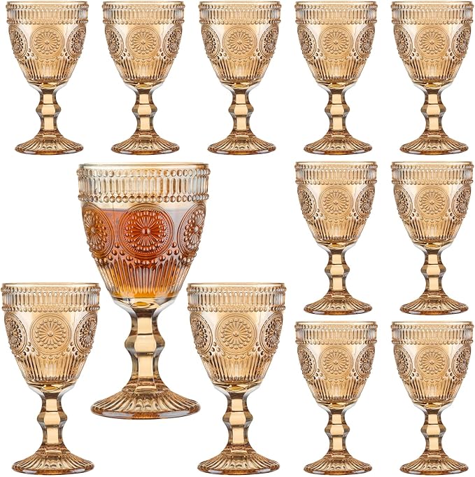 12 Pcs Vintage Wine Glasses, 10 Oz Colored Glass Water Goblets, Unique Flower by XKXKKE