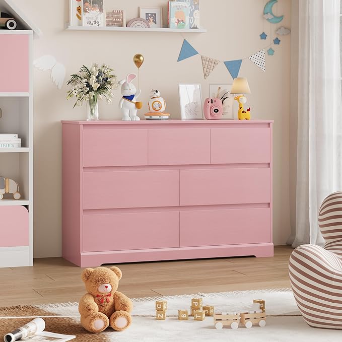 Dresser for Bedroom, Modern Pink Dresser, Wood Chest of Drawers Nursery Dressers, with Storage, 7 Drawer Double with Handle Free, Large Storage Organizer for Living Room,Pink
