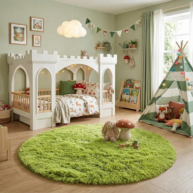 Grass Green Round Rug 4Ft for Bedroom, Fluffy Shag Circle Area Rugs for Kids - Image 5