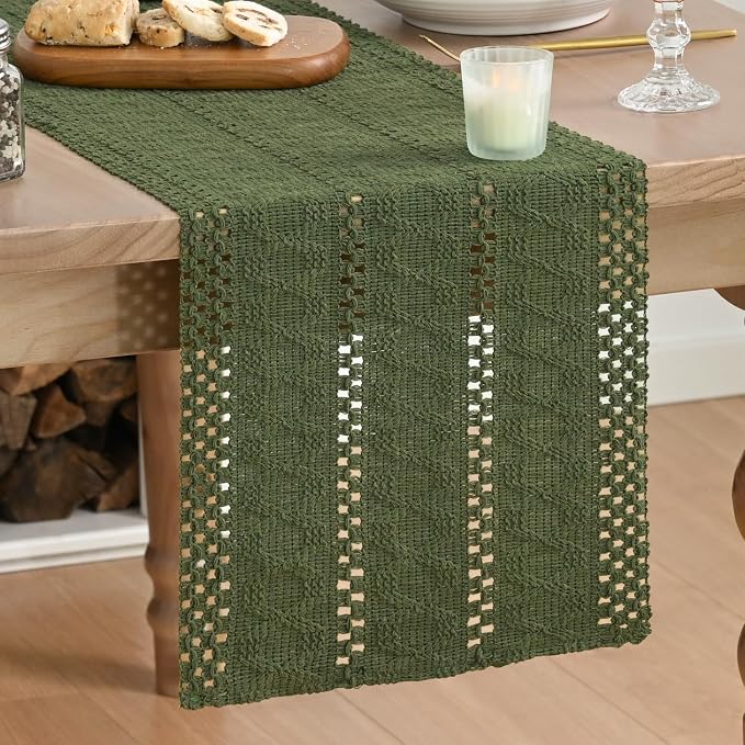 Artoid Mode Army Green Woven Farmhouse Hollow Table Runner 12x120 Inch | - Image 2