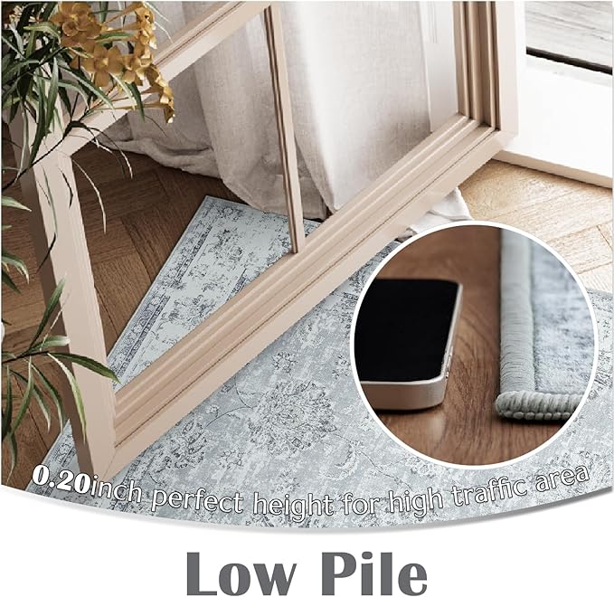 jinchan Runner Rug 2x5 Washable Hallway Runner- Vintage Floral Non Slip Low-Pile Soft Thin Kitchen Rug Distressed Carpet for Farmhouse Bedroom Entryway Laundry Room(2x5ft,Grey)